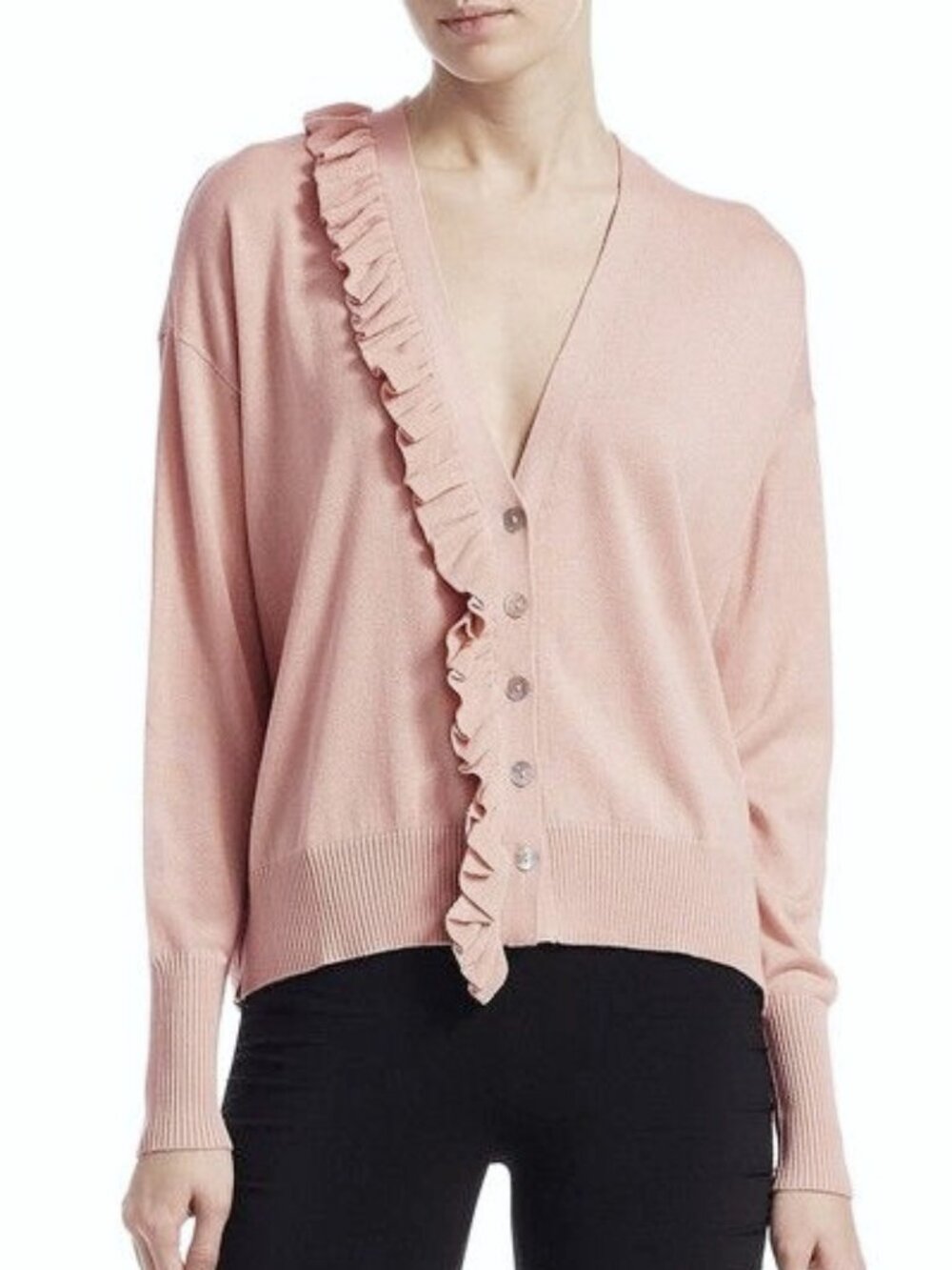 Cinq a Sept Cashmere & Silk Ballet Pink Gaetana Ruffle Button Cardigan Sweater